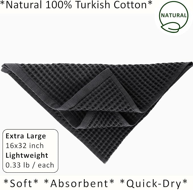 PÜSKÜL Natural 100% Turkish Cotton Waffle Kitchen Towels Set of 3 | Oeko-Tex, Premium Waffle Hand Towels for Bathroom | Soft Absorbent Quick-Dry Lint-Free Dish Towel Large 32x16 inch (3, Dark Gray)