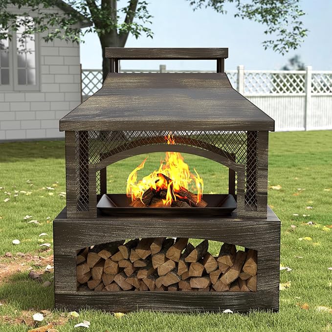Bestier 37" Fire Pits, Outdoor Wood Burning Fireplace for Outside, Rectangular Chiminea Firepits with Poker, Wood Storage, Rain Cover and Removable Fire Grill for Patio, Garden, Backyard, Camping