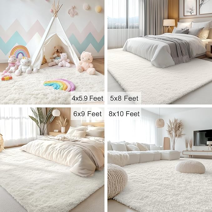 OLANLY 10x14 Machine Washable Large Area Rugs for Living Room, Bedroom, Soft Fluffy Shaggy Bedside Rug, Indoor Floor Carpet for Kids Girls and Boys, Dorms, Nursery, Home Decor Aesthetic, Ivory