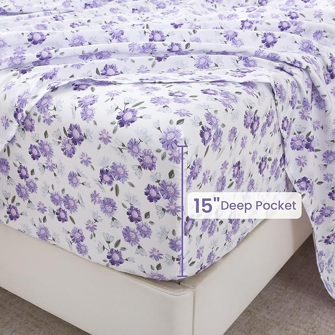 Softan Puple Floral Full Sheet Set, 4-Piece Microfiber Printed Fitted Sheet with 15" Deep Pockets & Non-Slip Straps, White Flower Patterned Double Bedding Sheets & Pillowcase Set