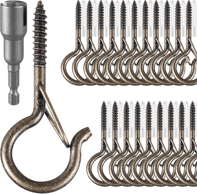 100 Pcs Screw-in Hooks for Outdoor String Lights, Q Hangers Hooks for Outside, Swivel Hanging Basket Patio Hook with Safe Buckle, Screw in Plant Eye Hook for Wall Ceiling with 1 Wing Nut Driver,Copper