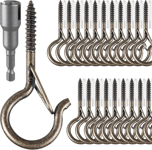 100 Pcs Screw-in Hooks for Outdoor String Lights, Q Hangers Hooks for Outside, Swivel Hanging Basket Patio Hook with Safe Buckle, Screw in Plant Eye Hook for Wall Ceiling with 1 Wing Nut Driver,Copper