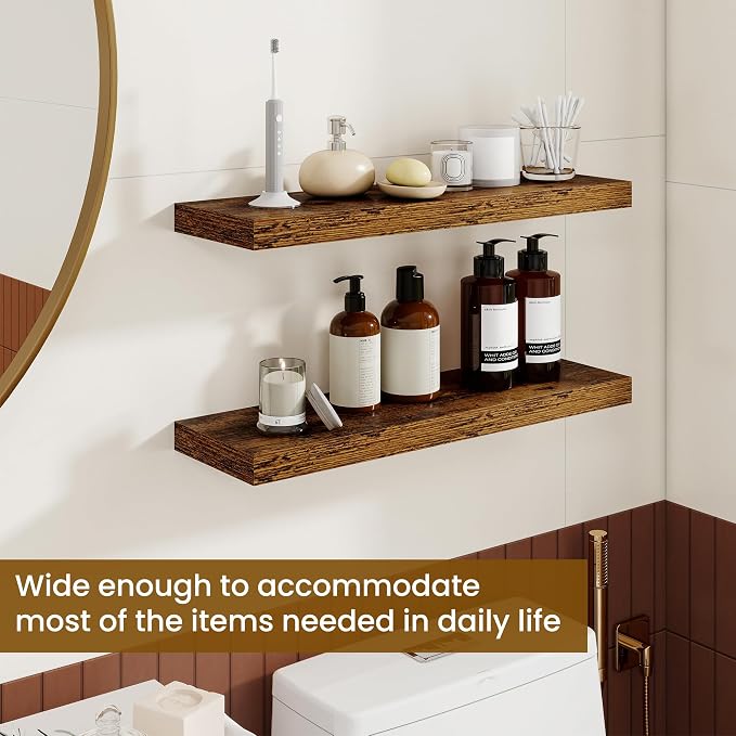 Dreamland 24Inch Floating Shelves for Wall, Rustic Wooden Floating Shelves for Bathroom|Bedroom|Kitchen, 2 Pack Deep Wall Mounted Book Shelf, Wood Storage Display Shelf for Home Decor, Brown