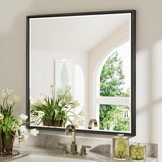 Black Framed Mirror for Bathroom 36x36 Inch Square Beveled Bathroom Mirror, Matte Black Metal Frame Bathroom Mirror, Shatterproof Black Mirror for Bathroom Wall