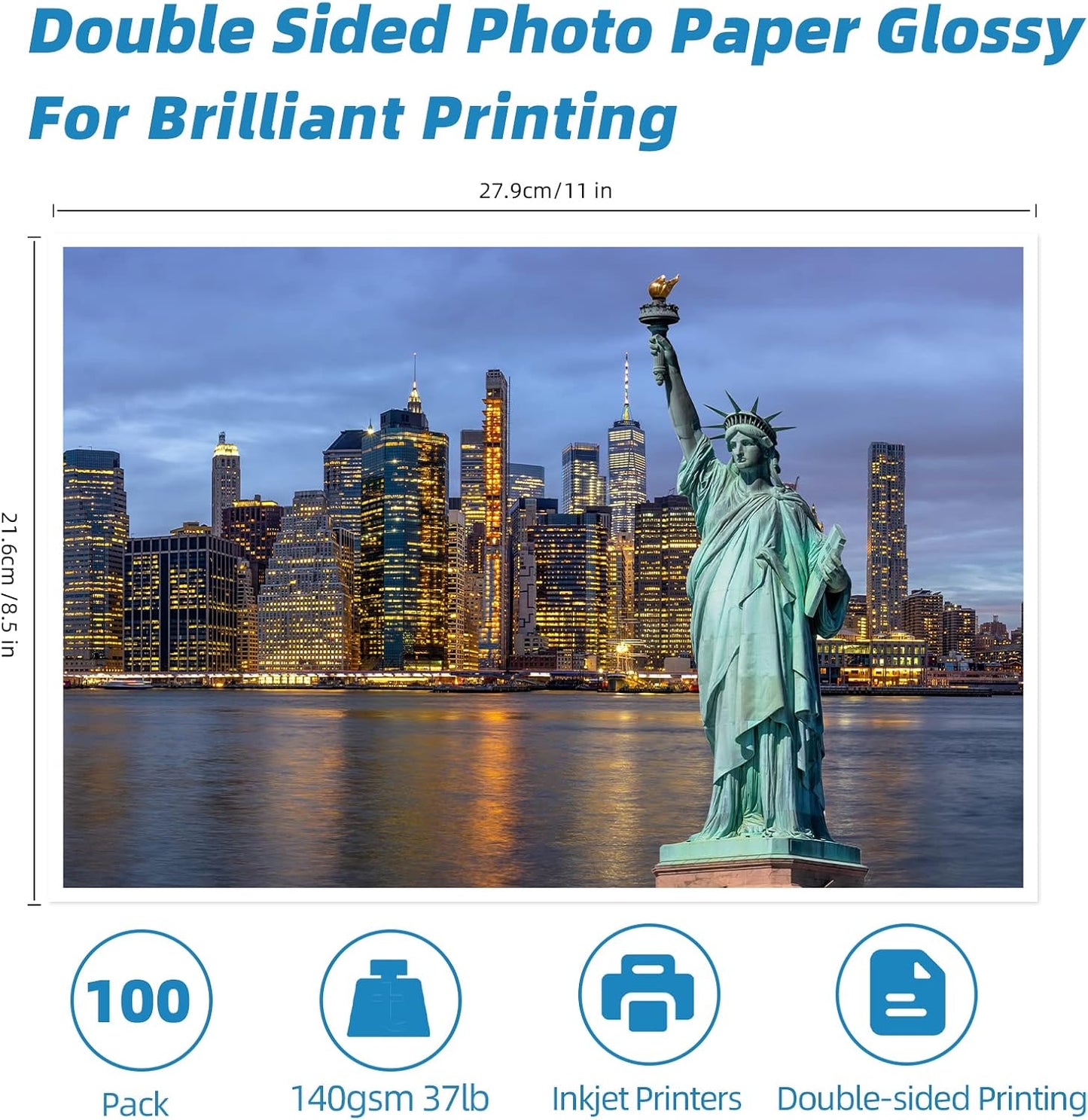 Uinkit Glossy Double-Sided Photo Paper | 8.5x11" | 37lb 140gsm for Inkjet Printing (100 Sheets)