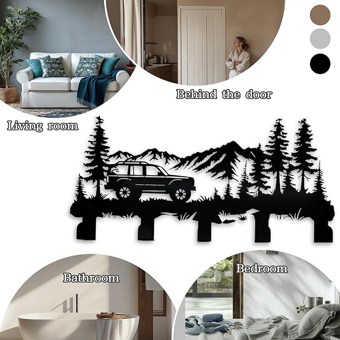 Metal Car Coat Hooks and Key Holder, Mountain Design Wall Art Decor with 5 Hooks, Clothes Hat Rack, and Backpack Hanger, Storage Decor for Living Room, Hallway, Office, Kitchen, Entryway, and Bedroom