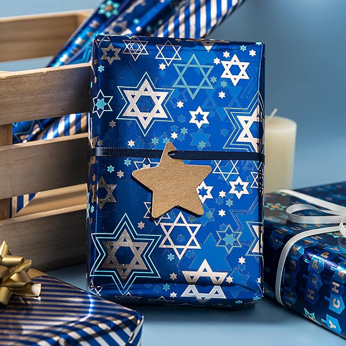 MAYPLUSS Wrapping Paper Roll - Mini Roll 17in *120in Per roll 3 Rolls Gift Wrapping Paper Hanukkah Design,Menorahs, Star of David, Letter Hanukkah for Chanukah Celebration (42.3 sq.ft.ttl)