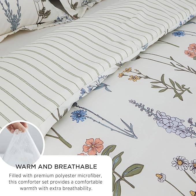 Bedsure Comforter Set Full Size - Cute Floral Bedding Comforter Set, 3 Pieces, 1 Soft Reversible Coconut White Botanical Flowers Comforter and Pillow Shams
