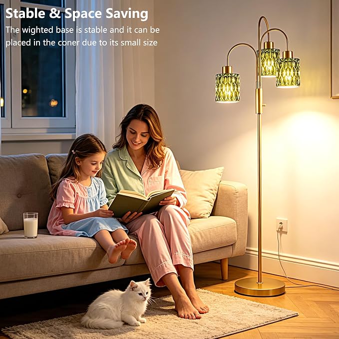 70" Glass Floor Lamp, 3-Light Gold Dimmable Standing Tall Lamp with Green Ribbed Glass Shades &3PCS 3000K Warm White Bulbs, Modern Tree Pole Lamp for Living Room Bedroom Home Decor