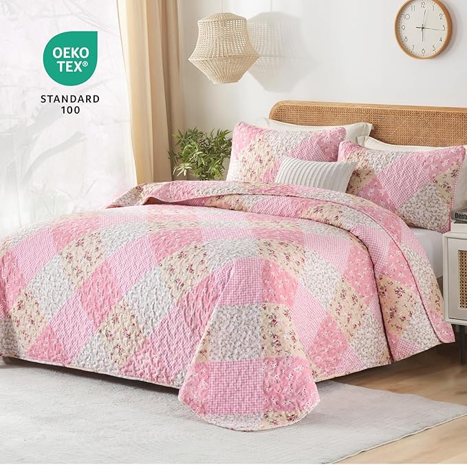 Dinjoy Floral Plaid Patchwork Quilt Set King Size, Reversible Pink Bedding Set Soft Microfiber Lightweight Bedspread Coverlet 3 Piece Fall Autumn Summer Use (110x90 inches)