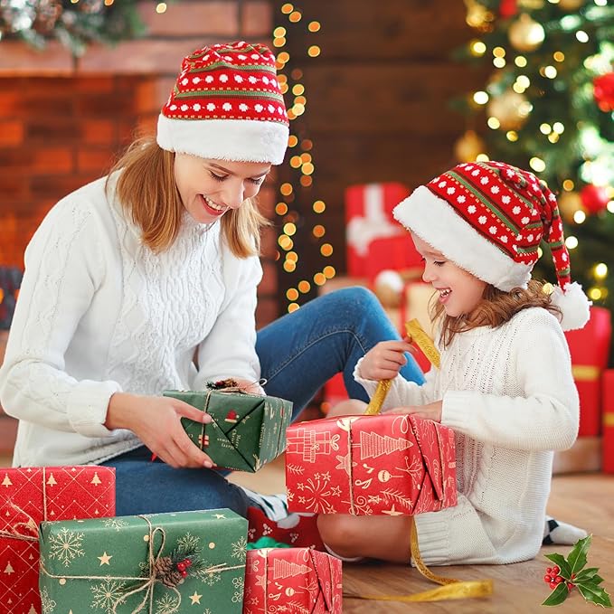 Panigkids Xmas Wrapping Paper Rolls - 4 Jumbo Kraft Wrap (17in x16.4ft Each) for Kids Adults, Festive Golden Red Tree & Green Snowflakes, Durable Holiday Gift Wrap + Jute Twine