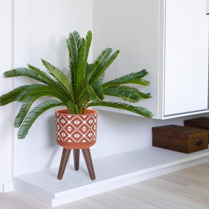 D'vine Dev 8 Inch Planter Pot with Stand, Mid-Century Tall Plant Pot with Legs for Indoor Plants, Pottery Red Terracotta/White, 88-G-A-5