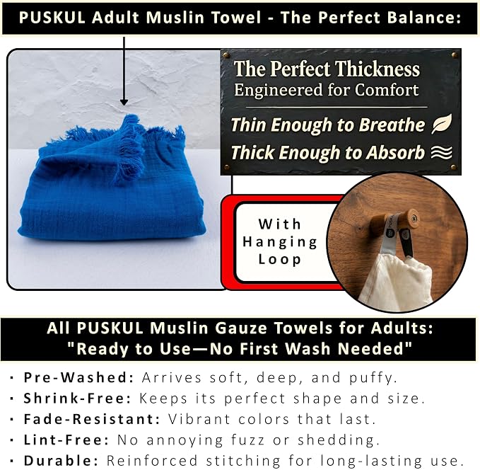 PÜSKÜL - Premium 2-Piece Oversized Muslin Bath Towel for Adult 35x70 Extra Large Bath Sheets | Natural 100% Turkish Cotton Soft Absorbent Quick-Dry Light Spa & Beach Towels (Pack of 2, Royal Blue)