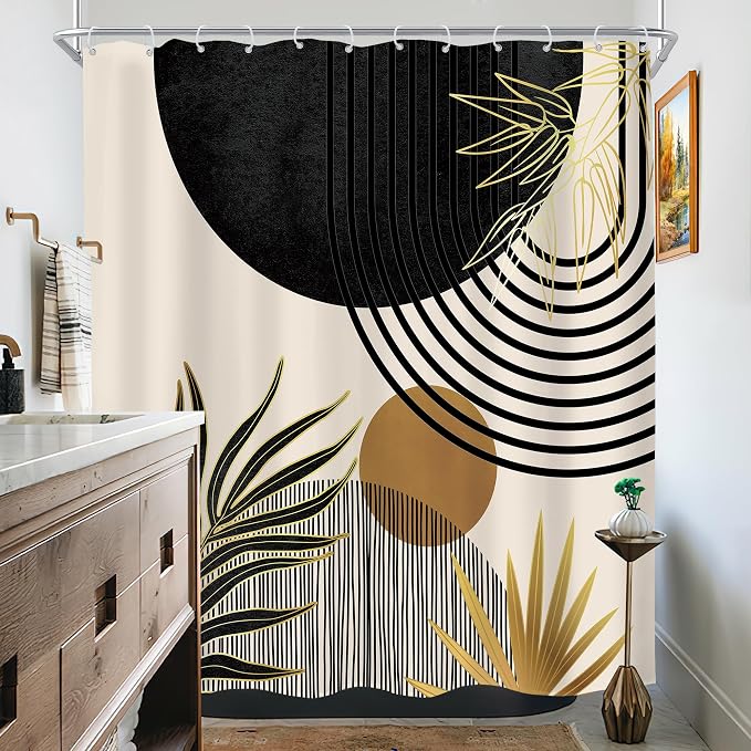 KOMLLEX Mid Century Black Gold Boho Shower Curtain 72Wx72L Inches Abstract Modern Green Shower Curtains for Bathroom Plant Botanical Minimalist Arch Sun Fabric Liner Waterproof Polyester 12 Pack Hooks