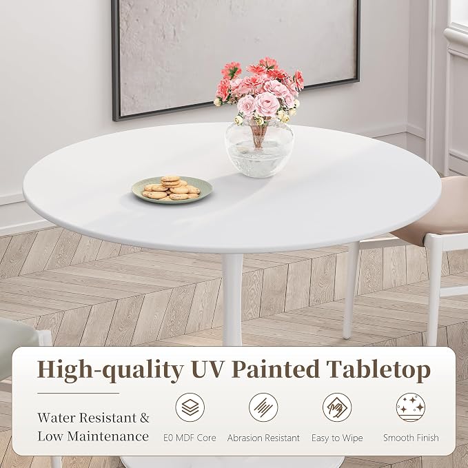 42" Tulip Table for 4-6 Persons Modern Round Dining Room Table, Mid-Century Modern White Small Kitchen Table with MDF Wooden Top, Leisure Coffee Table for Living Room, Dining Room, Office