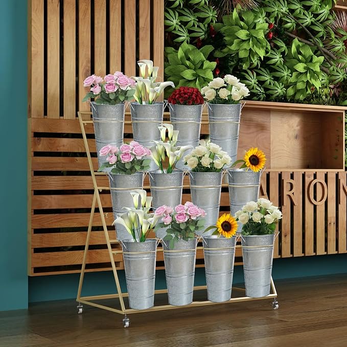 Notakia 8 Pcs 12 Inch Large Galvanized Metal Vases Farmhouse French Flower Bucket Vases for Cut Flowers for Home Decor and Wedding Table Centerpiece Decorations (Large Silver)