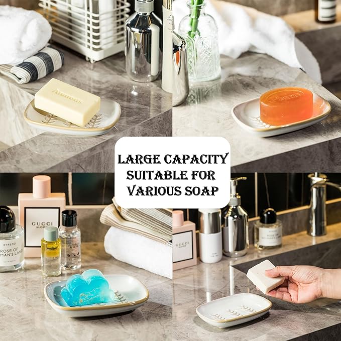 Miamolo Soap Dish Bar Cleaner Dish for Shower, Ceramic Soap Dishes for Large Soap Bar Shampoo or Sponge, Shower Soap Dish Soap Saver Tray for Bathroom Kitchen Sink, Easy to Clean (Pack of 2)