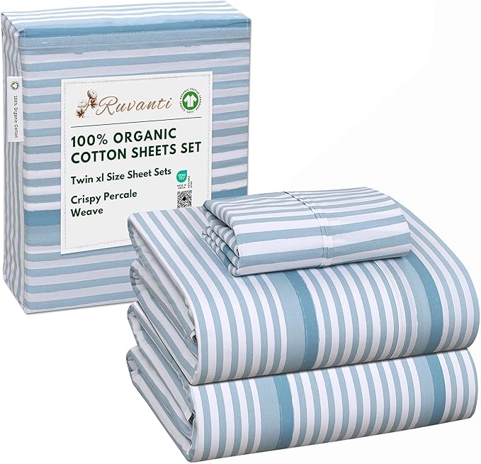 RUVANTI 100% Organic Cotton Sheets Twin XL, Percale Weave, GOTS Certified, 3-Piece Set, Deep Pocket 15", Crisp & Breathable, Soft Durable Bedding, Sábanas Algodón Orgánico – Nautical Stripes