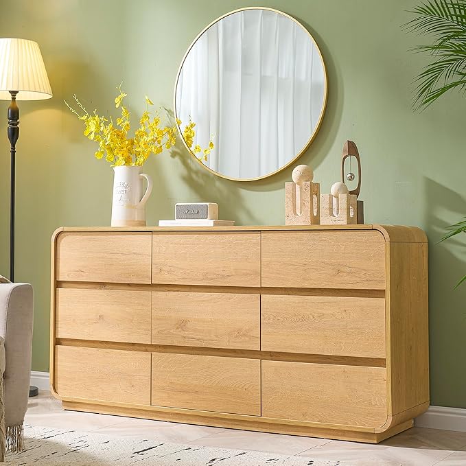 Natural Dresser for Bedroom with 9 Drawers, 57" Wide Modern Drawers with Curved Design, Wood Drawer Organizer for Living Room, Hallway