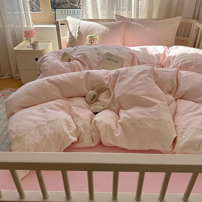 VM VOUGEMARKET Pink Full Comforter Set 3 Pieces Romantic Lace Bedding Set Simple Cozy Plaid Gingham Comforter/Quilt for Teen Girls Students