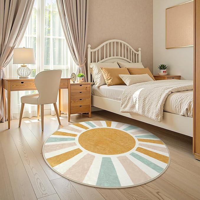 LIVEBOX Retro Sun Round Rug 4ft Boho Rug for Nursery Room,Non-Slip Circle Ultra Soft Cute Colorful Kids Rugs for Bedroom,Washable Throw Area Rugs Carpet for Living Room Indoor Office