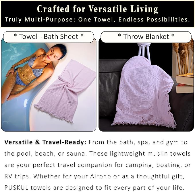 PÜSKÜL - Premium 2-Piece Oversized Muslin Bath Towel for Adult 35x70 Extra Large Bath Sheets | Natural 100% Turkish Cotton Soft Absorbent Quick-Dry Thin Spa & Beach Towels (Pack of 2, Light Pink)