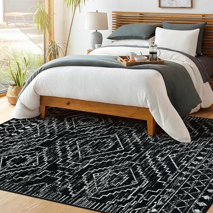 Wonnitar Moroccan Washable Area Rug 5x7, Black Large Rug for Living Room, Non-Slip Boho Bedroom Throw Mat, Low Pile Stain Resistant Geometric Floor Carpet for Dining Table Kitchen Dorm (Black,5'x7')