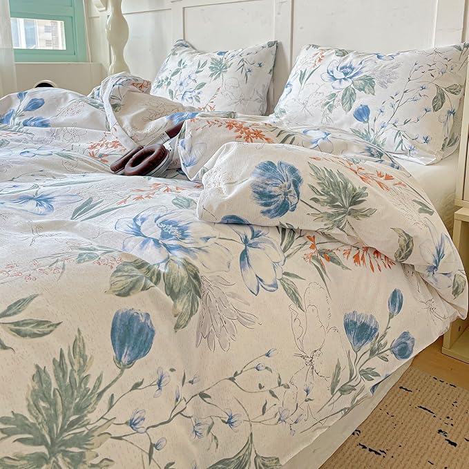EAVD Queen Cotton Duvet Cover Chich Shabby Garden Floral Duvet Cover Set Fresh Spring Colorful Florlal Bedding Set with 2 Pillowcases Fresh Reversible Botanical Comforter Cover with Zipper