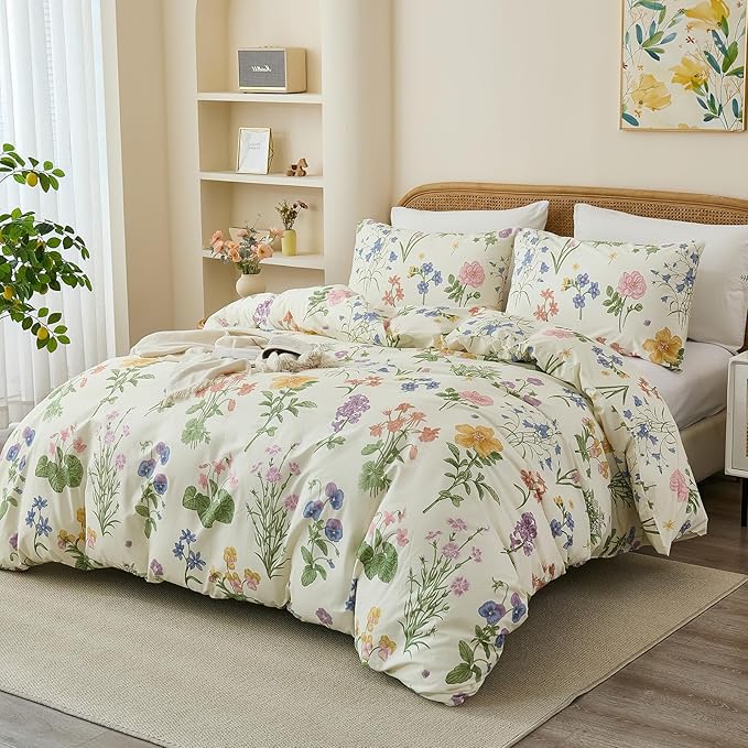 100% Cotton Duvet Cover King Size – Botanical Garden Print, Green Floral Duvet Cover Set with Zipper Closure, 3-Piece Soft Breathable Natural Cotton Bedding Set for All Seasons