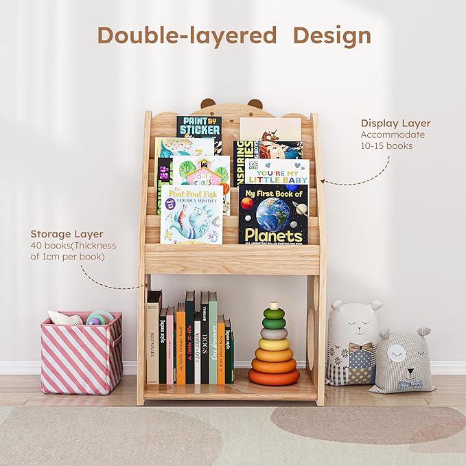 Woodtoe 5 Tier Montessori Bookshelf with Toy Storage, Large Toddler Bookshelf with Chalkboard, Baby Bookcase Book Display Shelve for Kids Bedroom, Nursery, Classroom, Kids Furniture for Boys Girls 1+