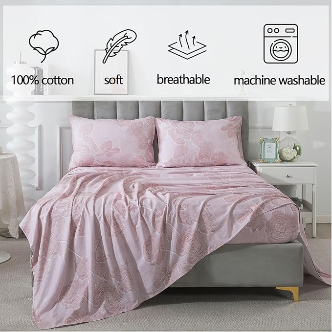 FADFAY Pink Vintage Floral Queen Size Sheets Set 100% Brushed Cotton Shabby Rose Flower Pattern Bedding Set Deep Pocket Sheets with 2 Pillowcases Luxury Breathable Soft 4pcs, Queen Size