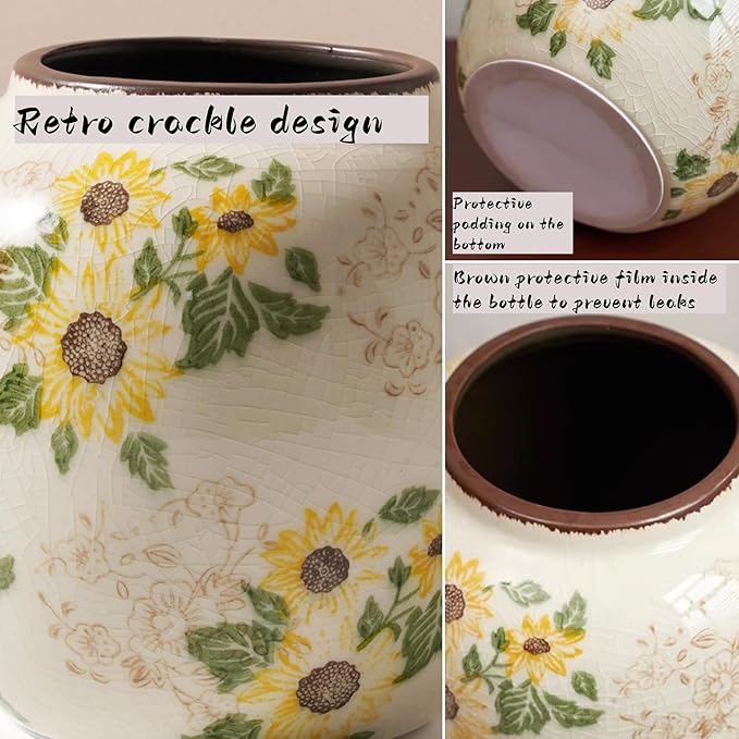 Vintage Round Pastoral Vase, 6.7 inch Yellow and Beige Sunflower Rustic Farmhouse Antique Ceramic Floral Vases, Retro Ice Cracked Chinoiserie Vase for Home Decor Living Room Bookshelf