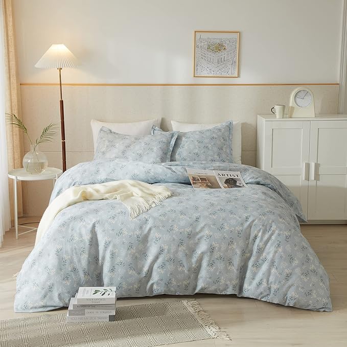 EAVD Boho Floral Duvet Cover King Soft Cotton Floral Blue Duvet Cover with 2 Pillowcases Chic Shabby Garden Flower Bedding Set Reversible Garden Floral Comforter Cover with Zipper Closure
