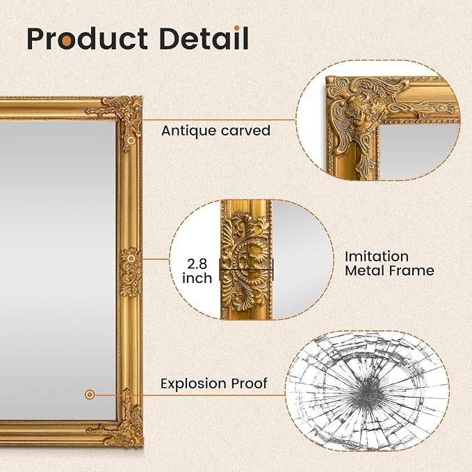 TRAHOME Vintage Gold Mirror for Wall, 28"x40" Antique Decorative Baroque Mirror with Imitation Metal Frame, Ornate Decorative Wall Mirror Decor for Entryway, Fireplace, Living Room, Hallway, Bathroom