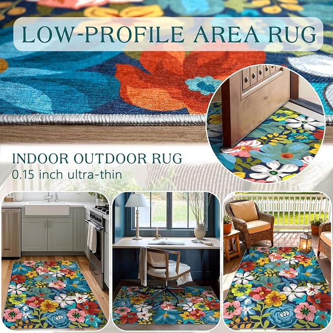 3x5 Boho Entry Rug - Small Washable Indoor Outdoor Mats for Front Door Non-Slip Porch Rug Spring Summer Colorful Floral Throw Rugs for Living Room Bedroom Entryway Kitchen Office Porch Decor