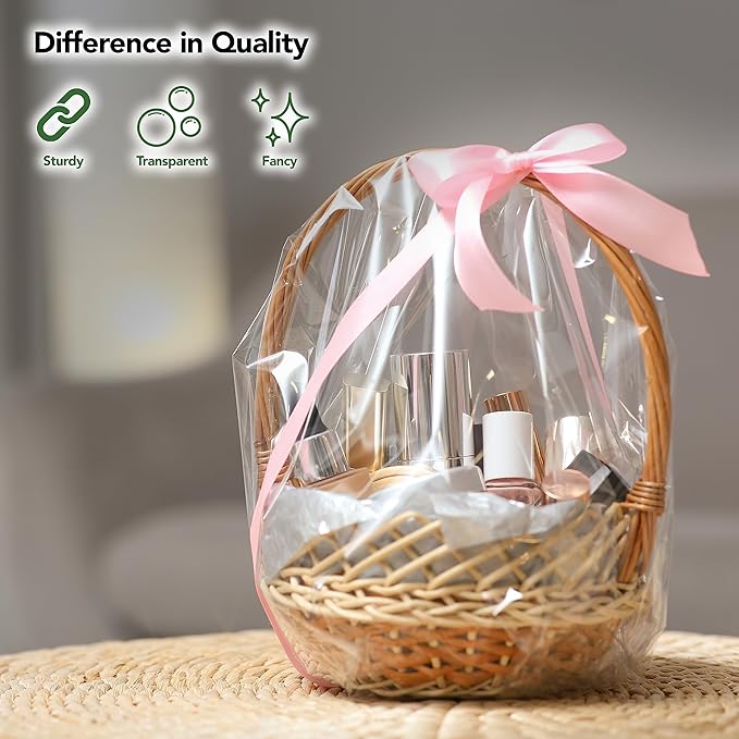 12 x 18 Inch Cellophane Gift Bags (12 Pack) — Clear Basket Wrap Bags for Gift Baskets, Holiday Packaging, Party Favors, DIY Gifts (Ribbon & Basket Not Included)