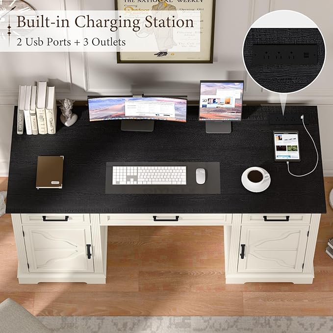 Vabches Computer Desk with File Drawer,Rustic Executive Desk with Drawers Wood Office Desk with Ample Storage Drawers,Farmhouse Large Home Wrting Desk with Drawers for Bedroom,White
