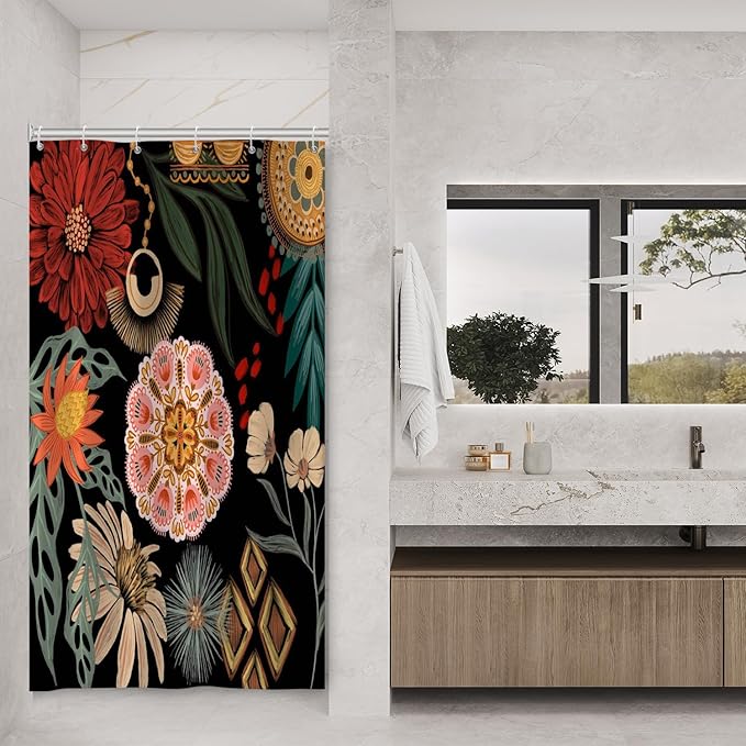 Black Boho Floral Shower Curtain Abstract Botanical Mid Century Modern Bathroom Decor Tropical Flower Shower Curtain with 10 Hooks,54x78 inches