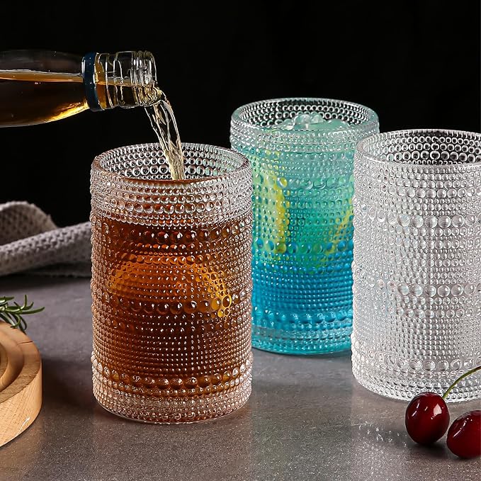 ZMOWIPDL Vintage Hobnail Drinking Glasses Set of 8,Clear 12 oz & 15oz Highball Glass Cups, Kitchen Drinkware Glassware,Embossed Water Tumbler,for Beer,Cocktail,Whiskey,Juice and Various Mixed Drinks