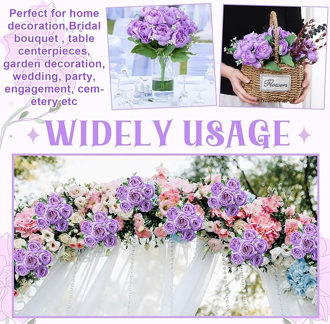 8 Pack Purple Peonies Artificial Flowers, Fake Silk Hydrangea Bouquet for Bridal Wedding Home Table Decor Reusable Dining Opening Ceremony Birthday Arrangement Faux Floral