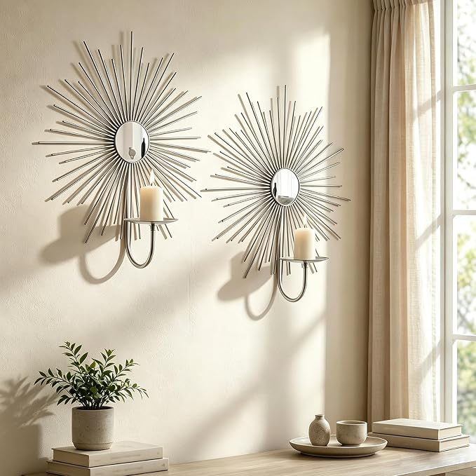 2 Set Candle Sconces Wall Decor for Living Room Metal Sunburst Mirrored Modern Gold Wall-Mounted Candle Holder Sconces Hanging Mounted Fireplace Farmhouse Wedding