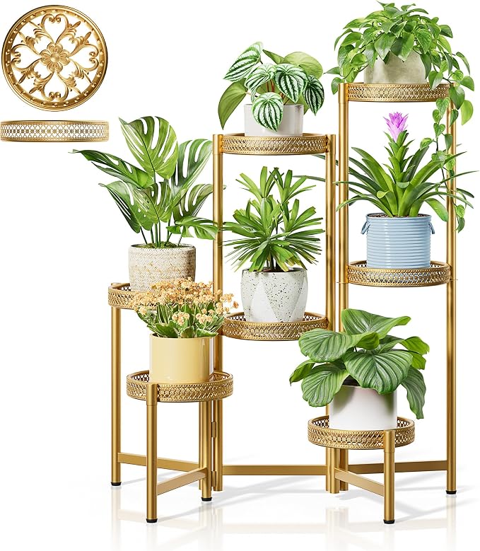 7 Tiered Metal Corner Plant Stand Indoor Outdoor, Tall Large Folding Rack with Rust Proof 10 Inch Wide Tray, Heavy Duty Flower Shelf for Multiple Plants for Patio - GoldWave
