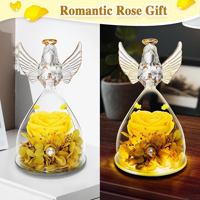 LURLIN Birthday Rose for Women, Preserved Flowers for Mom, Glass Angel Figurines With LED Forever Rose for Grandma Wife Friend Teacher, Nurse, Anniversary Day Girls Gift