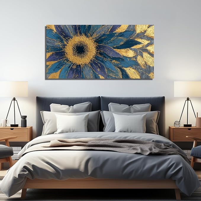 JuhaiArt Blue Wall Art Bedroom Large Gold Flower Canvas Wall Decor Floral Picture Art for Living Room Office 29" x 59" Sunflower Abstract Artwork