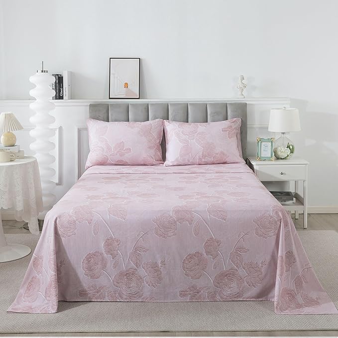 FADFAY Pink Vintage Floral Queen Size Sheets Set 100% Brushed Cotton Shabby Rose Flower Pattern Bedding Set Deep Pocket Sheets with 2 Pillowcases Luxury Breathable Soft 4pcs, Queen Size