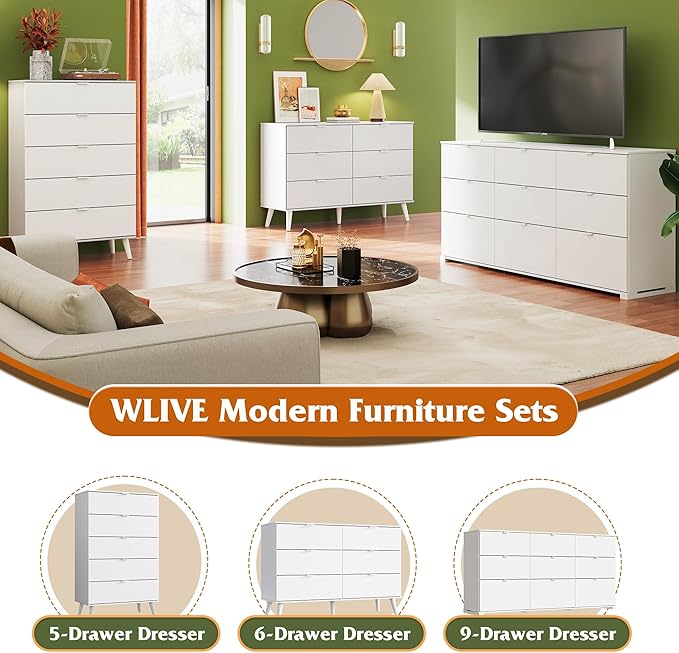 WLIVE 6 Drawer Dresser for Bedroom, 47.24'' Wide Wooden White Dresser, Storage Organizer with Sturdy Metal Handle, TV Stand for 55 inch TV, Chest of Drawers for Living Room, Hallway, Closet