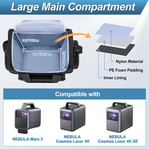 CURMIO Projector Storage Case - Portable Carrying Bag for Nebula Mars 3 & Cosmos Laser 4K | Black with Multiple Pockets