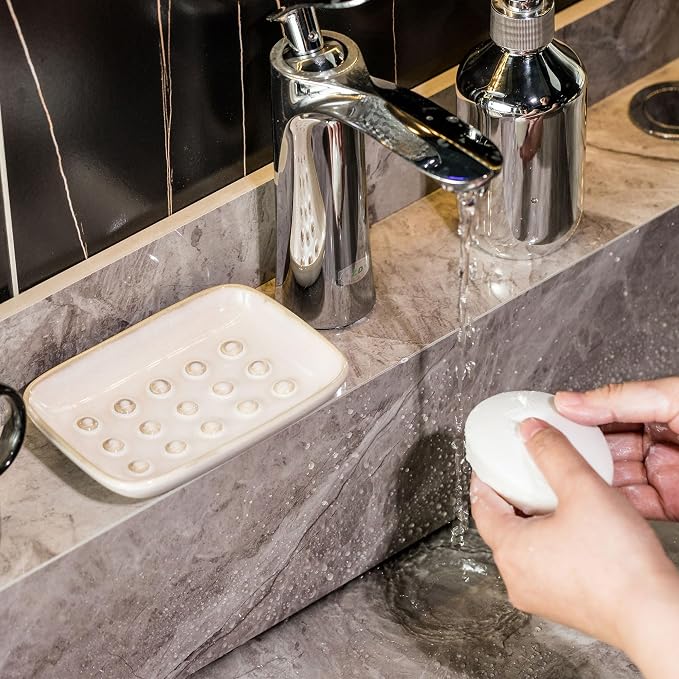 Miamolo Soap Dish for Shower, Ceramic Soap Dish Non-Slip Soap Holder Bar Saver Tray for Bathroom Kitchen Sink, Floating Point Design Save Soap Loss