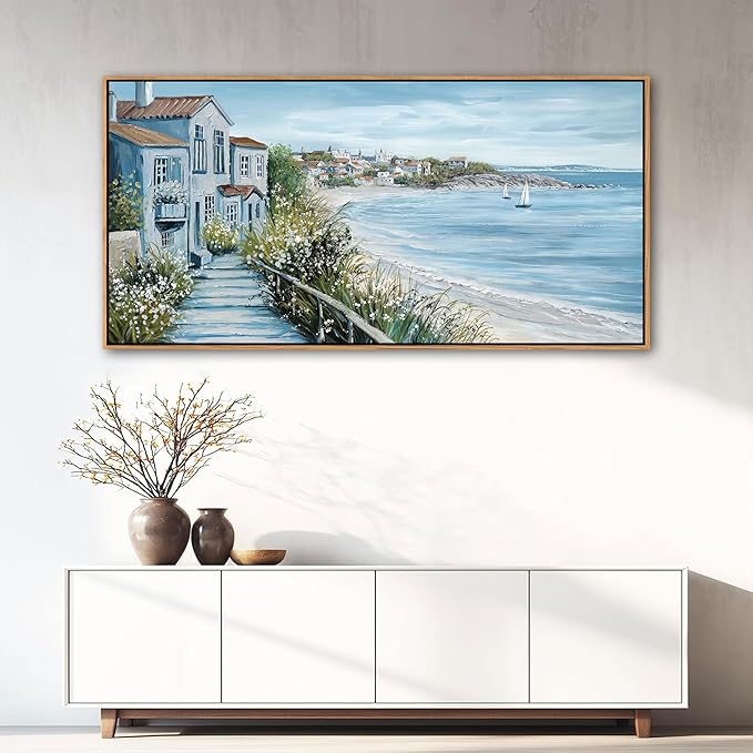 KLAKLA Coastal Decor Nautical Boat on Beach Canvas Picture Ocean Seagull Seascape Canvas Print Farmhouse Artwork for Seashore Bedroom Living Room Large Square Blue Teal 24x48 Inches