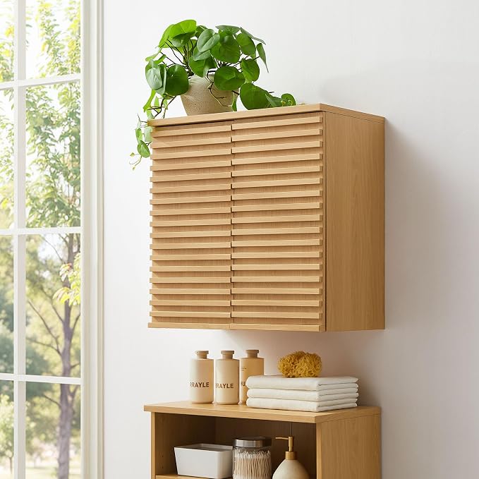 Modway Render Wall Mounted Bathroom Cabinet in Oak - 23.5 Inch Compact Wall Storage with Slatted Doors and Adjustable Shelves for Bathroom or Laundry Room